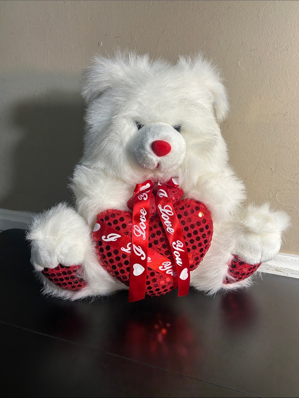 White Plush Bear with Red Sequin Heart - Love You Ribbon 12”. New